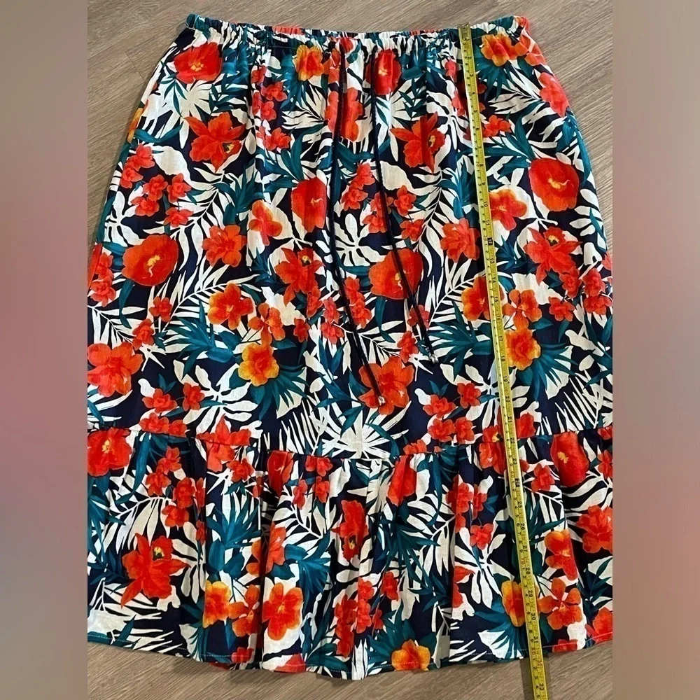 Jessica London Women Midi Skirt Size 24 Red Linen Blend Floral Coastal Grandma
